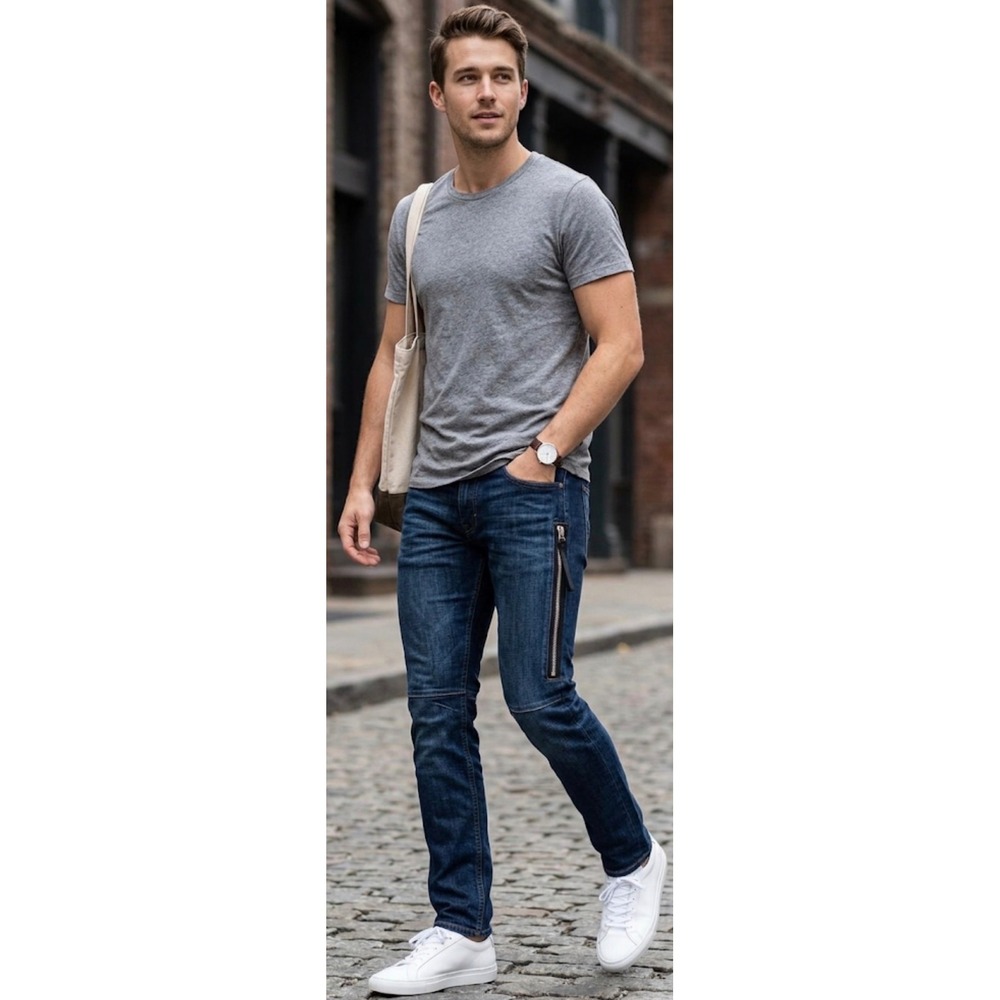 MRCLA Mens Skinny Moto Jeans Dark Wash Indigo‎ Blue Side Zip Detail Size 29 NWT